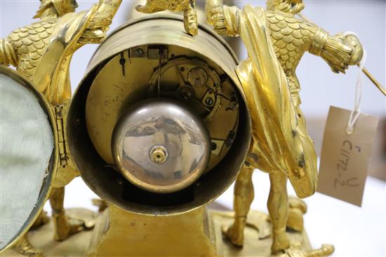 Viger of Paris. A Louis XVI ormolu and white marble mantel clock, height 14in.